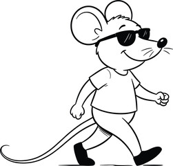  Cute cartoon mouse walking wearing cool black sunglasses outline vector illustration sketch character isolated on white background for kids coloring book