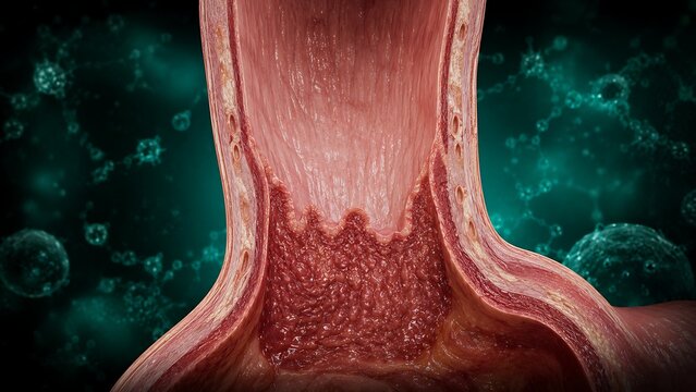 Gastroesophageal Reflux Disease (GERD) with Reflux Esophagitis at the Gastroesophageal Junction, Human Esophagus Anatomy and Gastrointestinal Pathology, Medical Illustration