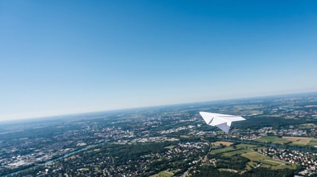 青空を飛ぶ白い紙飛行機と広がる地平線 