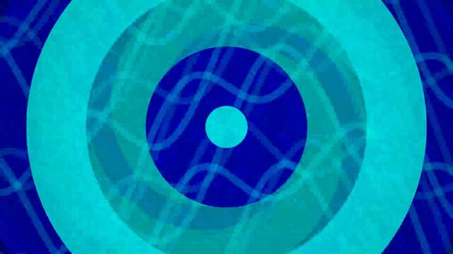 Abstract pulsing concentric circles animation in blue and teal with digital noise.