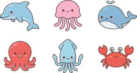 Option 1: Cute sea animals vector set featuring kawaii dolphin jellyfish whale octopus squid and crab cartoon icons isolated on white background for kids design © mdhusne