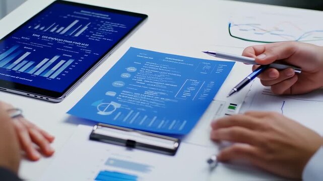 Business meeting, analyzing data on tablet and documents