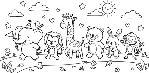 Fototapeta premium Cute animals parade coloring page for kids