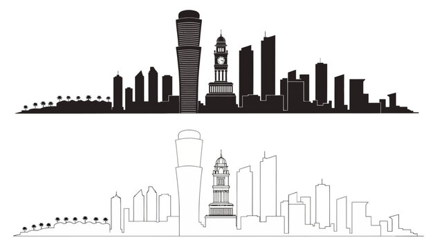 Perth city skyline silhouette in solid black and outline art style