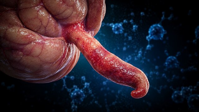 Acute Appendicitis with Inflamed Human Appendix, Gastrointestinal Inflammation and Emergency Abdominal Pathology, Medical Illustration