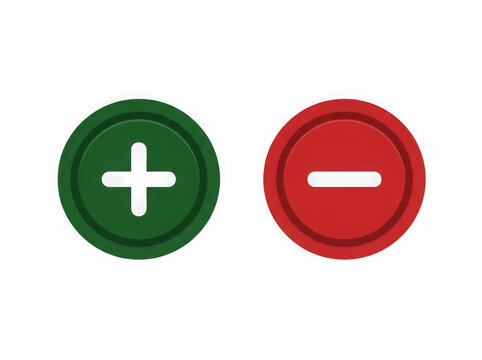 Green plus and red minus circular icons with positive negative addition subtraction interface as isolated PNG