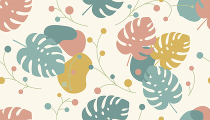 Obraz premium Aesthetic seamless background pattern of pastel monstera leaves and abstract organic shapes on light cream.