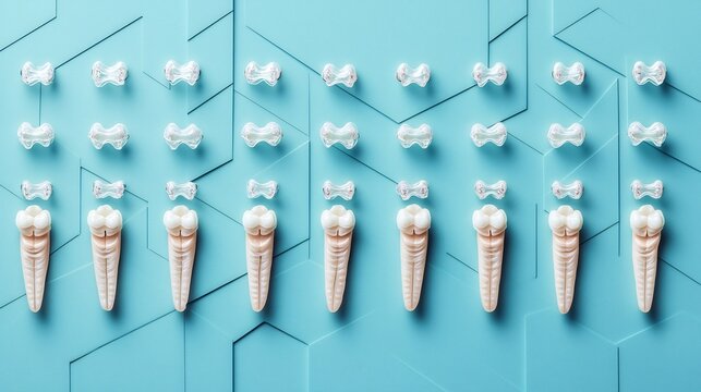 Conceptual dental layout featuring tooth anatomy models and transparent orthodontic aligners on a blue geometric backdrop