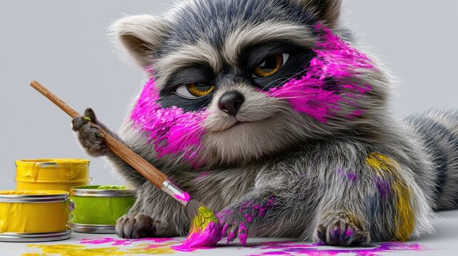 Mischievous Raccoon Makes a Colorful Painting Mess