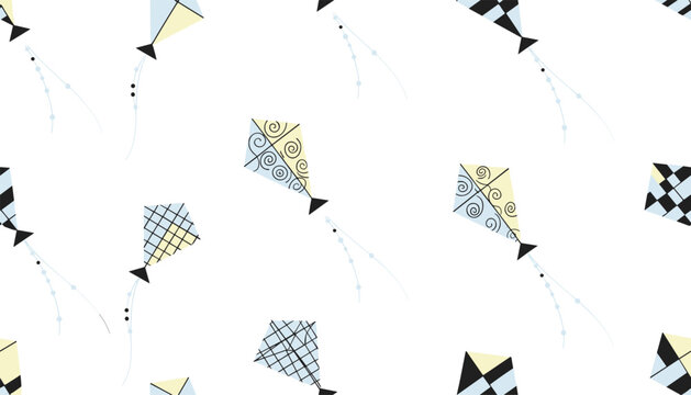 Seamless vector pattern of colorful flying kites with playful hand drawn geometric designs on white background.
