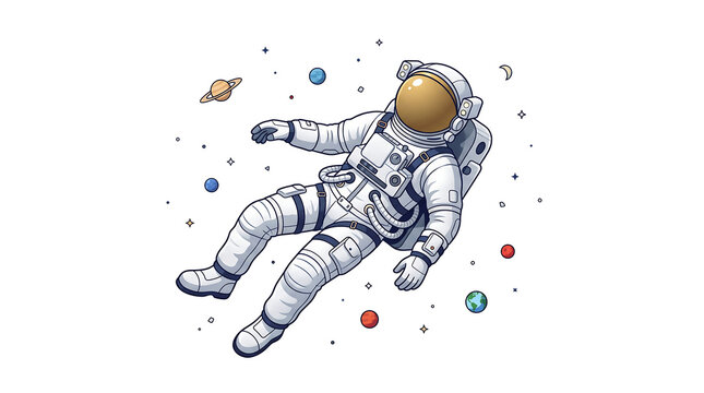 Illustration of an astronaut floating in outer space with planets.