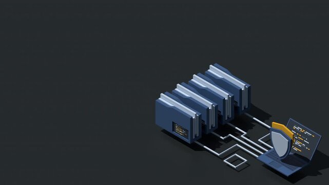 3D isometric data protection with folder and laptop animation. Folder security. Safe documents and folder. Cybersecurity concept. Isometric technology. 4K video animated in isometric style