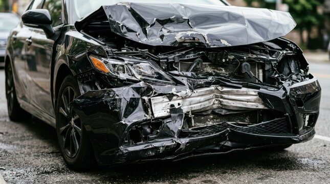 Severe car crash accident with heavily damaged front bumper and crushed hood on a city street