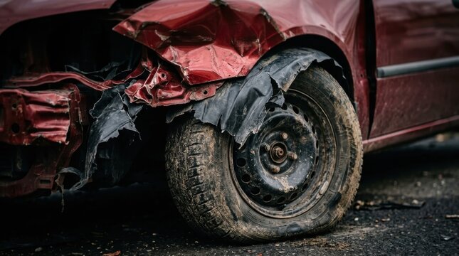 Severe car accident with heavily damaged red vehicle front bumper and flat tire on the street