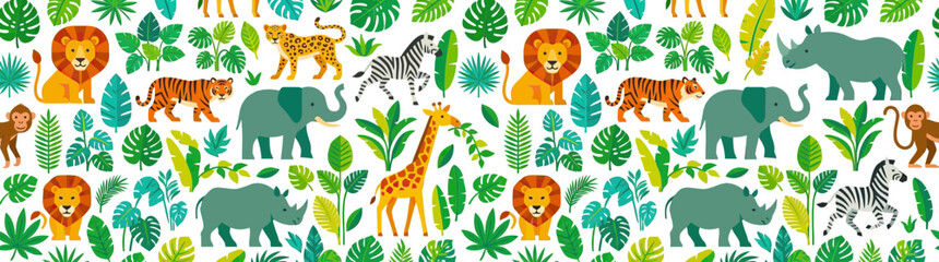 Obraz premium Cute Cartoon Jungle Animals and Tropical Leaves Pattern
