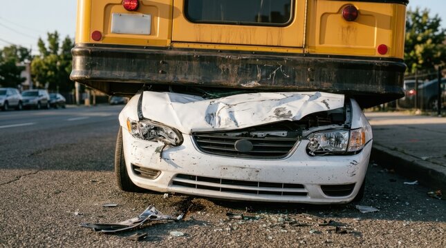 Severe road accident involving a yellow school bus crushing a white car on city street intersection