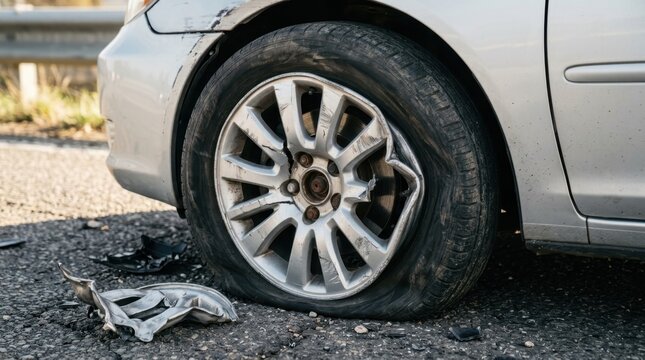 Damaged car wheel and flat tire from a vehicle collision accident on the asphalt highway road