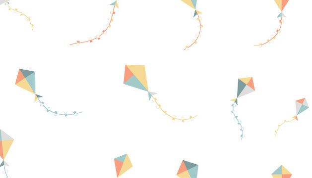 Gentle seamless vector pattern showing pastel colored flying kites with long decorative tails on a pure white background.