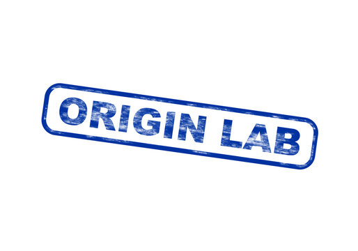A blue rectangular rubber stamp says origin lab isolated on a transparent background