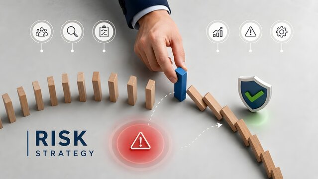 Risk strategy management concept with hand stopping falling dominoes to prevent hazard, redirecting flow to a safe outcome with business protection icons.