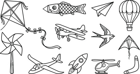 Aviation and wind toys vector line icon set featuring kites airplanes rocket helicopter hot air balloon and birds © MstBabli