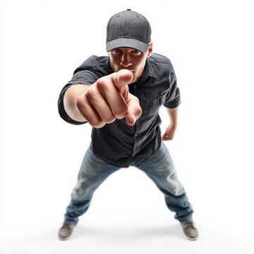 You're Next: A man in a baseball cap and casual attire points directly at the camera, his intense gaze and bold gesture conveying a powerful sense of accusation or direct address.