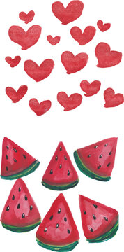 Watermelon and heart pattern hand drawn watercolor art
