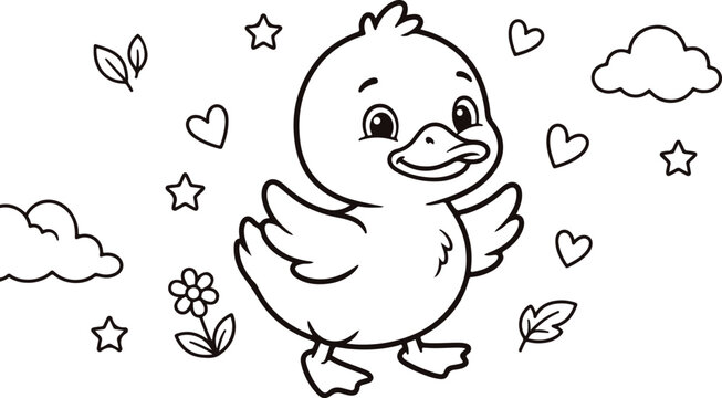 Cute cartoon duckling with wings spread, coloring page for kids