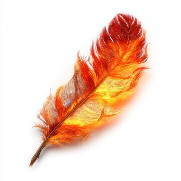 Fiery Feather: A single, vibrant feather ablaze with intense orange and yellow flames, symbolizing passion and rebirth against a stark background.
