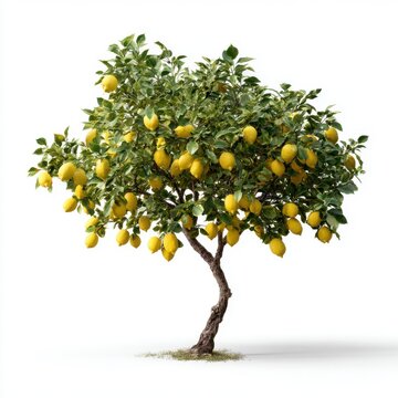 Lemon Tree Laden with Fruit: A vibrant lemon tree, its branches heavy with ripe, yellow lemons, stands proudly against a clean backdrop. This image embodies freshness, growth, and abundance.