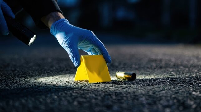 Crime scene investigator collecting evidence with flashlight and marker on street at night