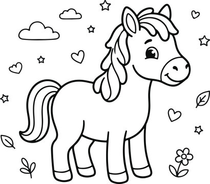 Cute cartoon horse coloring page for kids