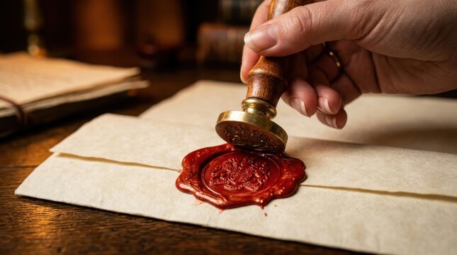 Person stamping wax seal with metal stamp on vintage parchment envelope in old study room