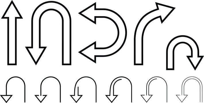 Directional arrow vector line icon set featuring u turn curving and straight pointers isolated on white background elements