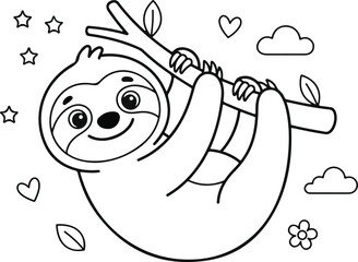 Fototapeta premium Cute sloth hanging on a tree branch, coloring page for kids