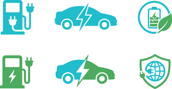 Electric car icon set featuring ev charging station battery leaf lightning bolt globe shield ecological power vector