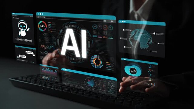 Futuristic User Interface with AI Data Visualization and Digital Interaction with Graphs and Charts Displayed on Transparent Screens Sigmoid