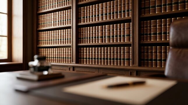 Vintage law office interior with old leather books on wooden shelves and desk with inkwell