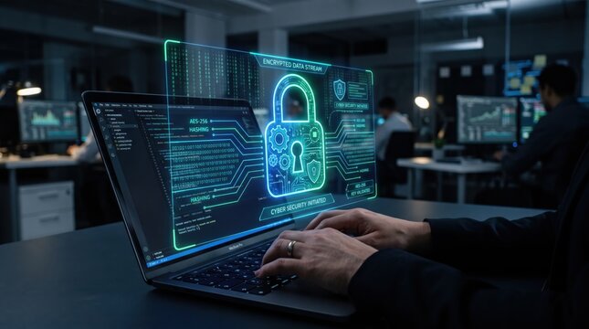 Cyber security professional working on laptop with holographic interface showing encrypted data stream and digital lock, protecting sensitive information in modern office