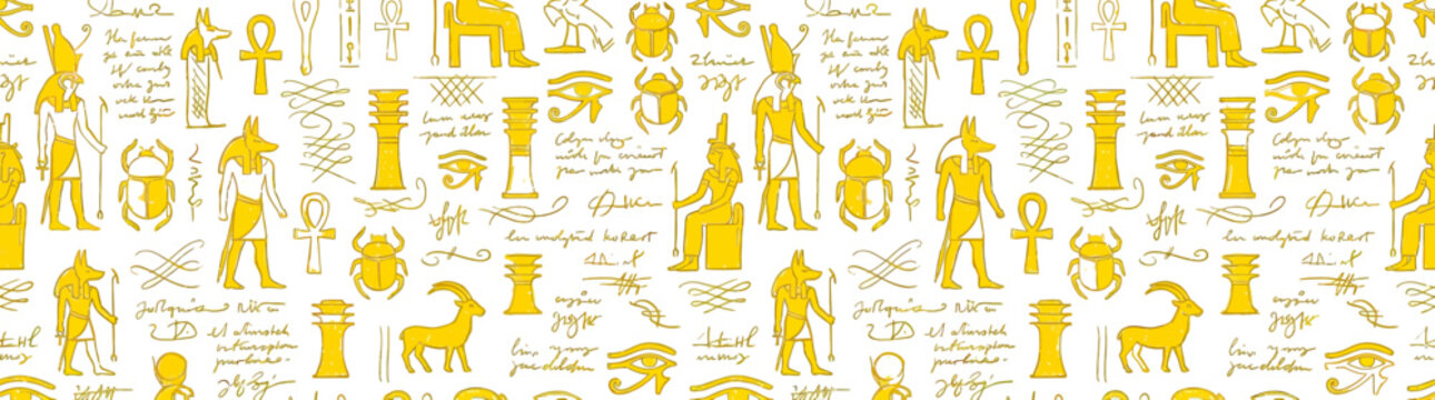 Ancient Egyptian Hieroglyphs and Figures Pattern Yellow