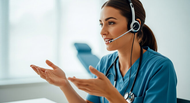 Professional Female Healthcare Worker in Blue Scrubs Wearing a Headset While Providing Medical Support and Consultation in a Modern Telehealth Center