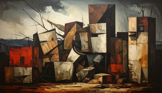 Abstract cubist urban cityscape painting with geometric buildings.