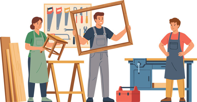 Carpenters and woodworkers working in workshop making wooden furniture and frames flat vector illustration