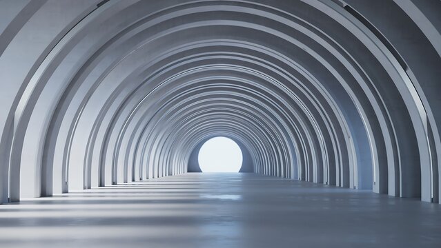Abstract futuristic concrete hallway with circular arches leading to bright light at end of tunnel representing modern architectural design and minimalist perspective for interiors.