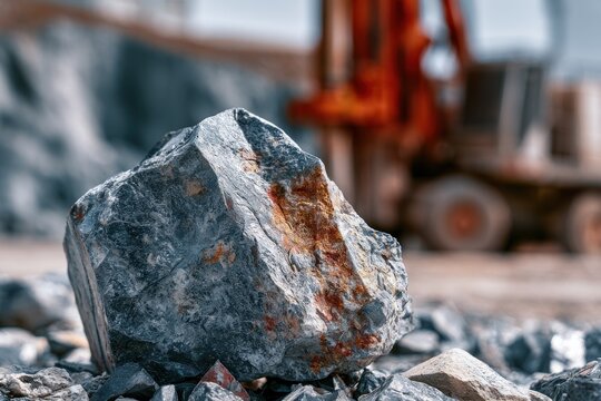 Close up of large gray rock with rust colored veins construction vehicle blurred in background