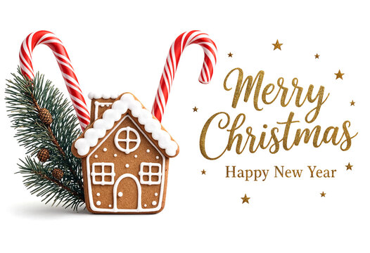 Festive gingerbread house with candy canes and pine branch for merry christmas happy new year celebration