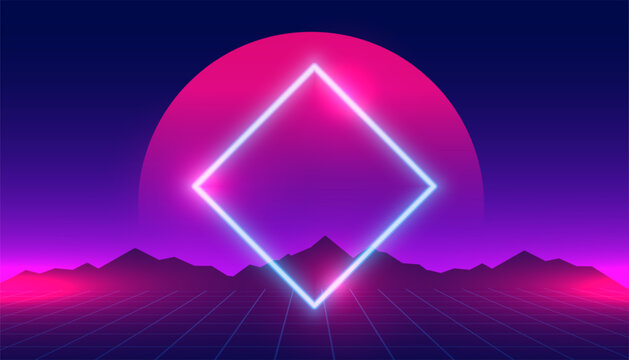sci fi and cyber grid background with sun and mountain design