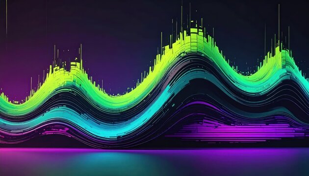 Abstract digital audio wave visualization in neon green and purple.