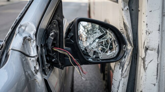 Broken car side mirror after traffic accident crash collision damage on vehicle street city road