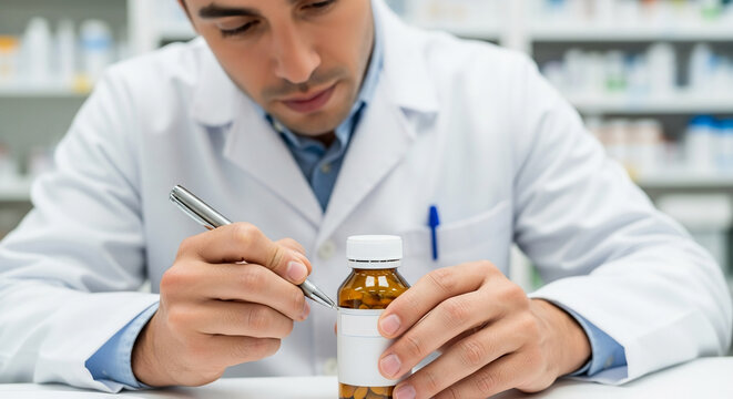 Professional Pharmacist in White Lab Coat Holding a Brown Medicine Bottle and Writing Prescription Instructions for a Patient in a Modern Drugstore
